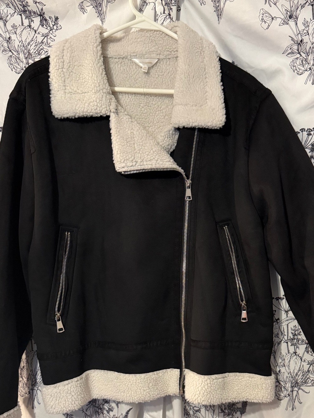 Black Faux-Suede Teddy Jacket with Cream Sherpa Trim